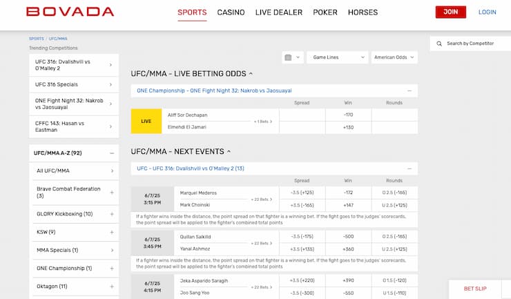 Odds display from Bovada, a major player among UFC sportsbooks.